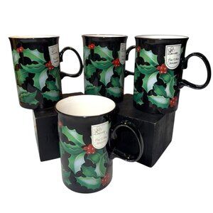 4 Dunoon Christmas Holiday Black Mug Holly Berries Poinsettia 4" Scotland Made